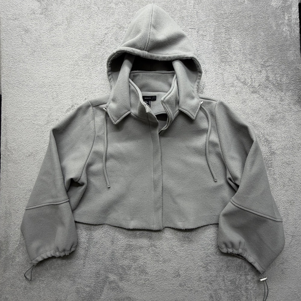 Forever 21 Plus Jacket Womens‎ 3X Gray Fleece Cropped Zip Hoodie Drawstring